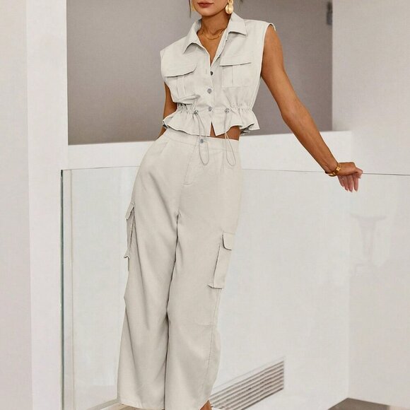 Casual Women's Denim Effect With Drawstring Waist Top & Cargo Pants - Picture 1 of 4